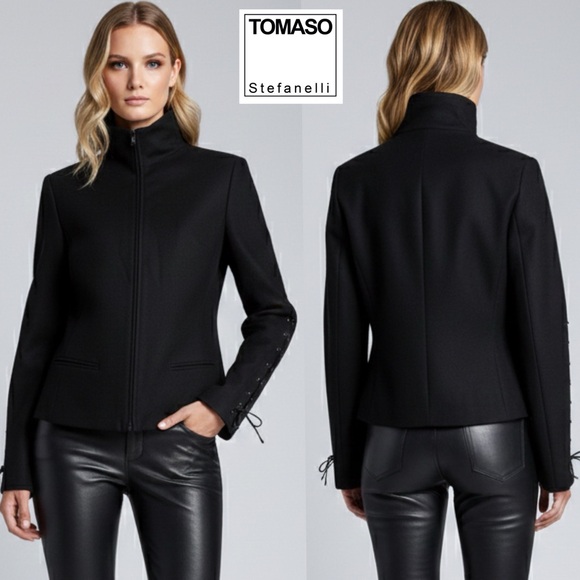 TOMASO Stefanelli Black Wool Cashmere Peacoat Lace-Up Sleeve Designer Jacket M - Picture 2 of 16